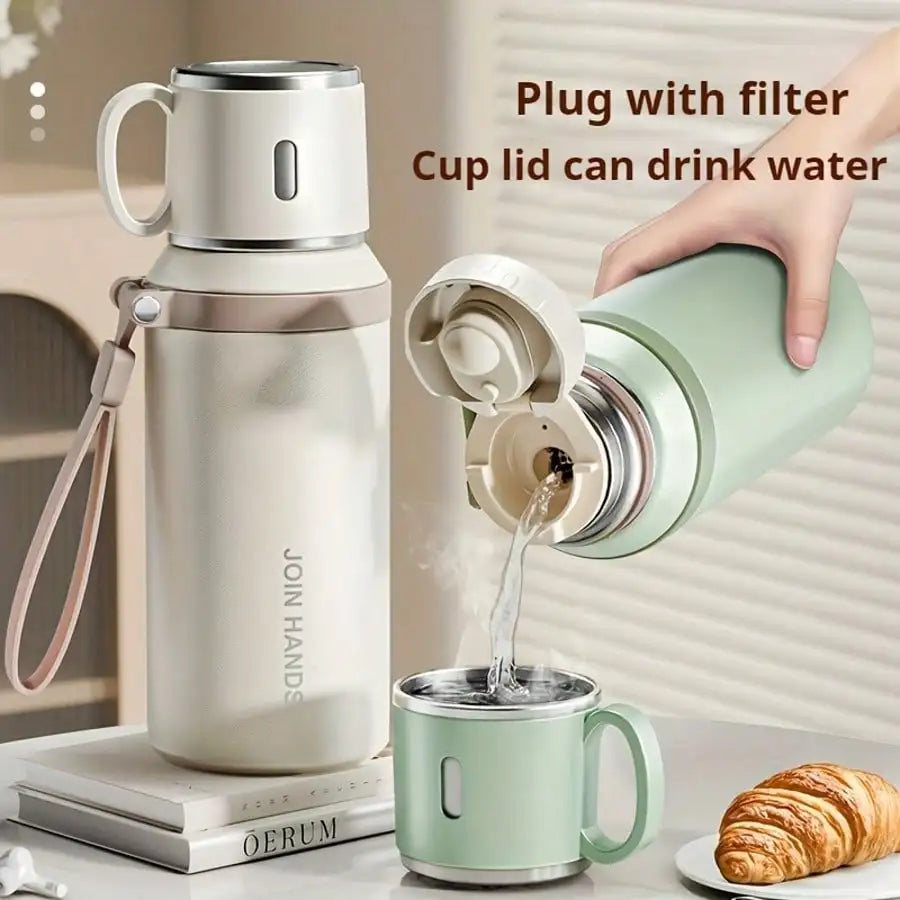 Portable Thermal Water Bottle with Cup Lid & Carry Strap
