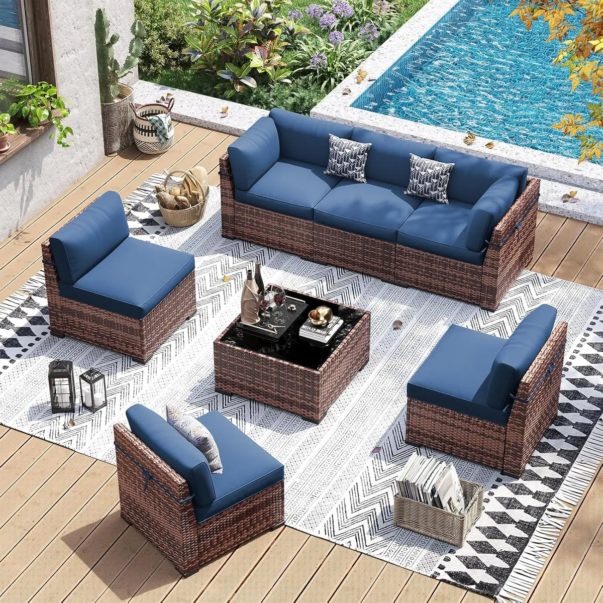 7 Piece Wicker Sectional Sofa with Tea Table