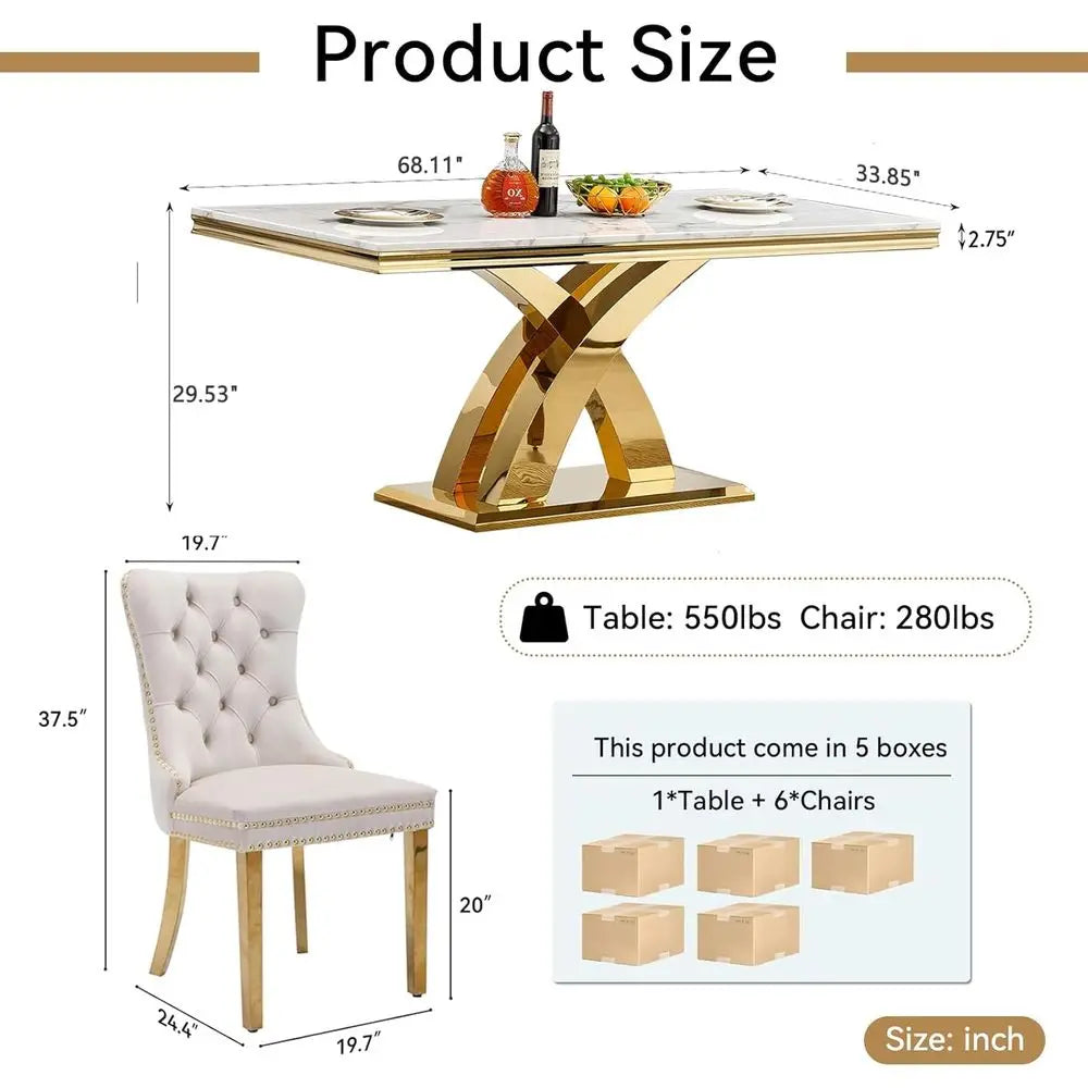 7-Piece Dining Set with 6 Beige Chairs