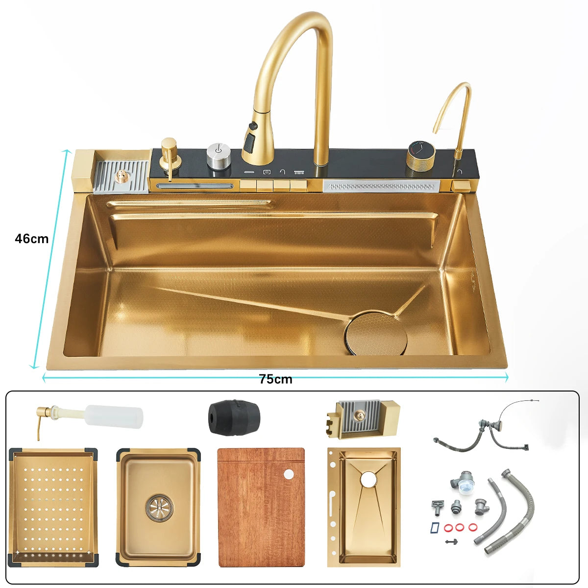 Stainless Steel Kitchen Sink Double Waterfall Single Slot Digital Display