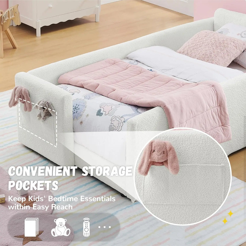 Twin Size Platform Bed Headboard with Pocket & Guardrail for Kids