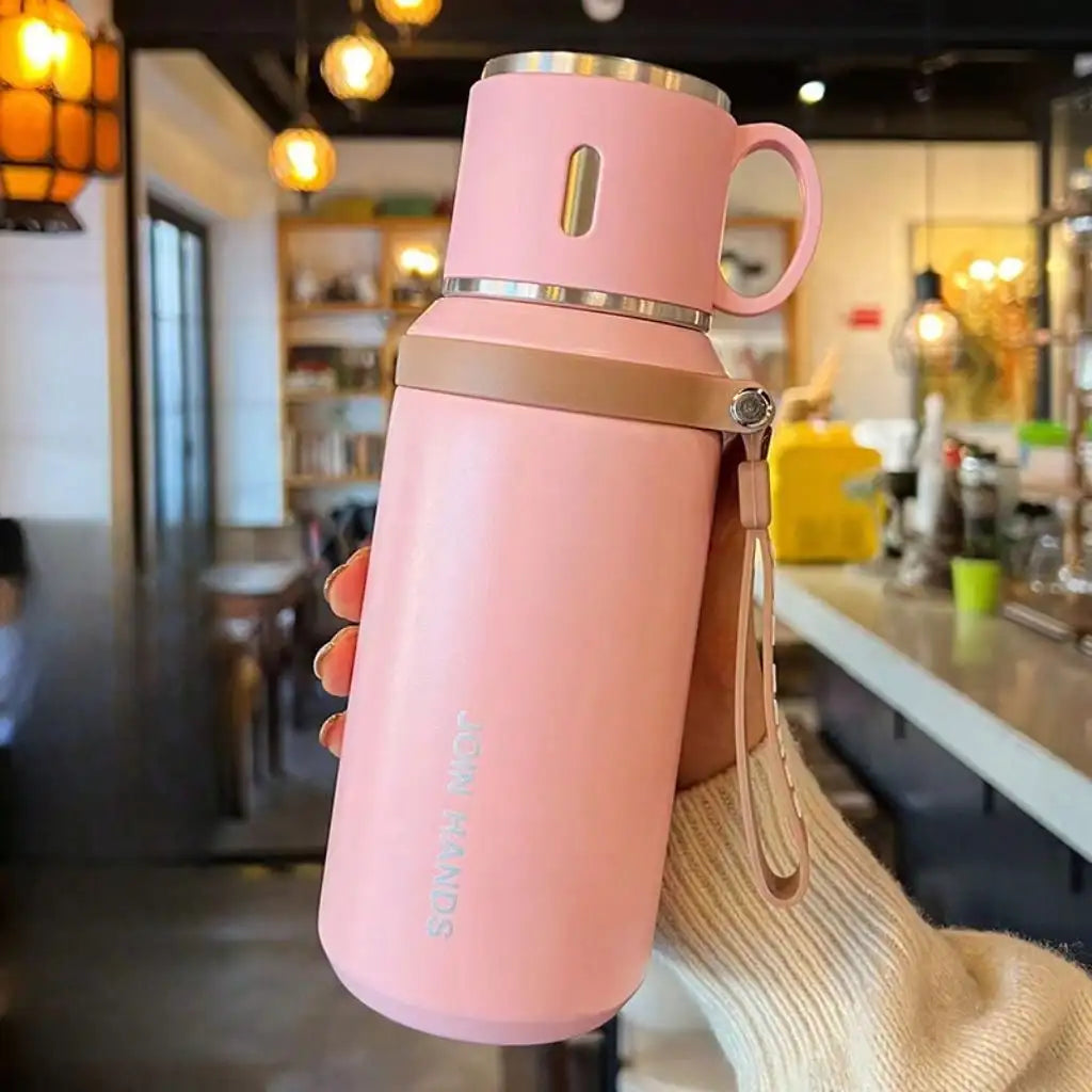 Portable Thermal Water Bottle with Cup Lid & Carry Strap