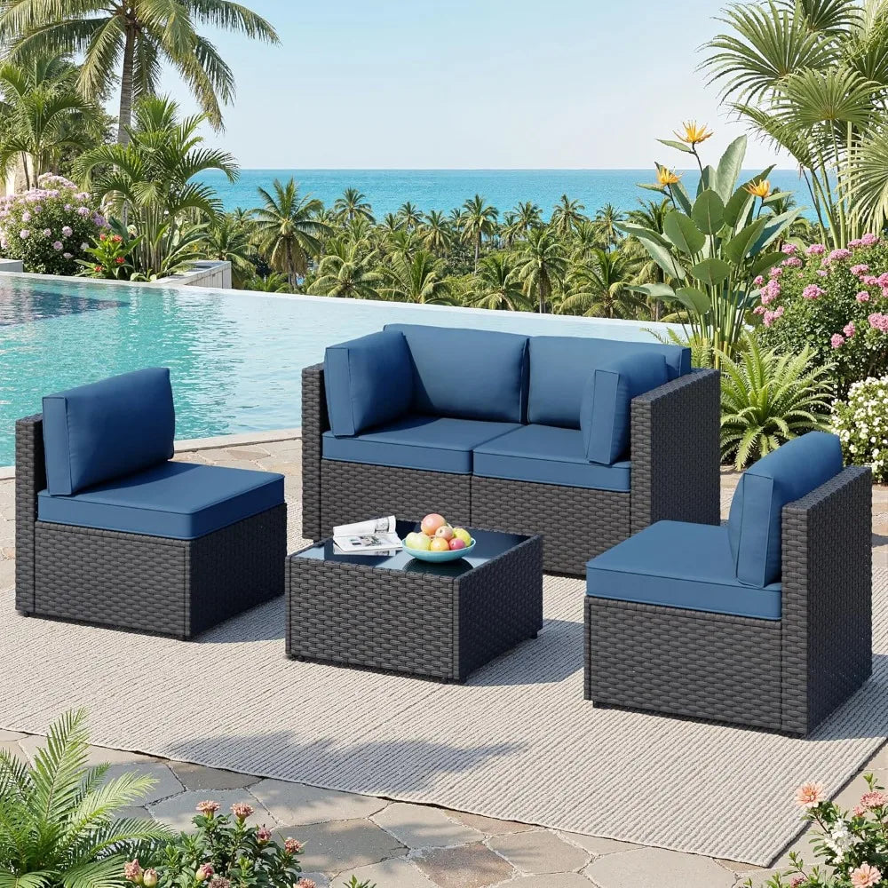 5-Piece Wicker Patio Furniture Set with Thick Cushions