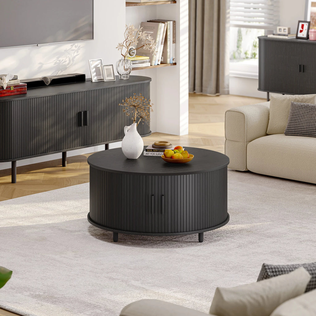 Round Coffee Table with Storage 360° Curved Sliding Door