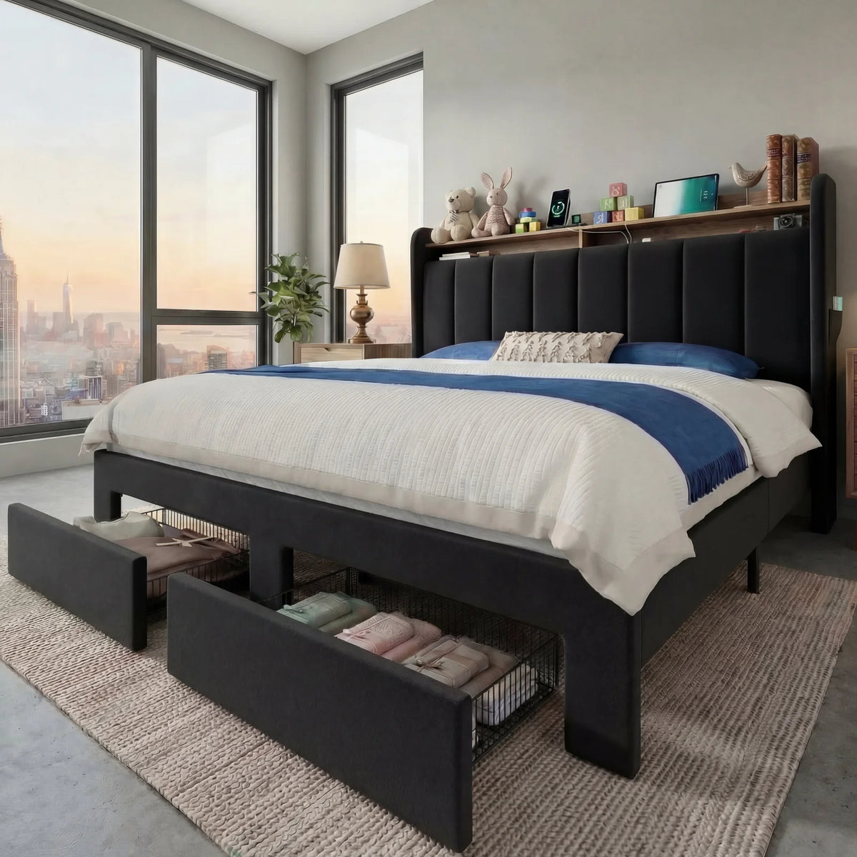 HOOMIC Bed Frame, 2 Storage Drawers with LED Lights