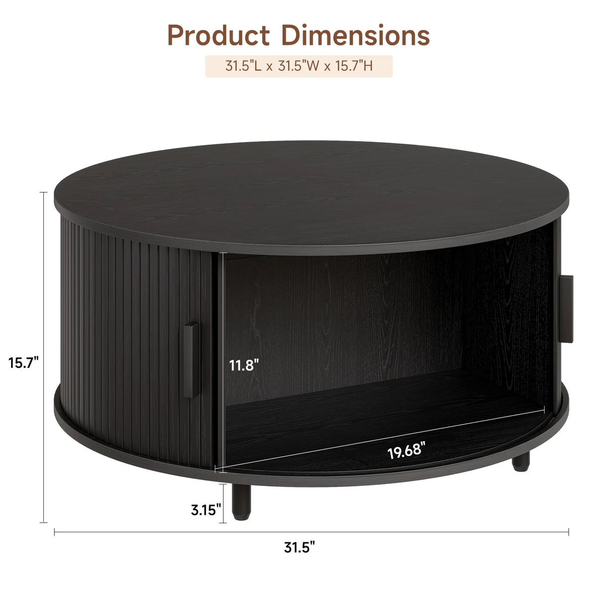Round Coffee Table with Storage 360° Curved Sliding Door