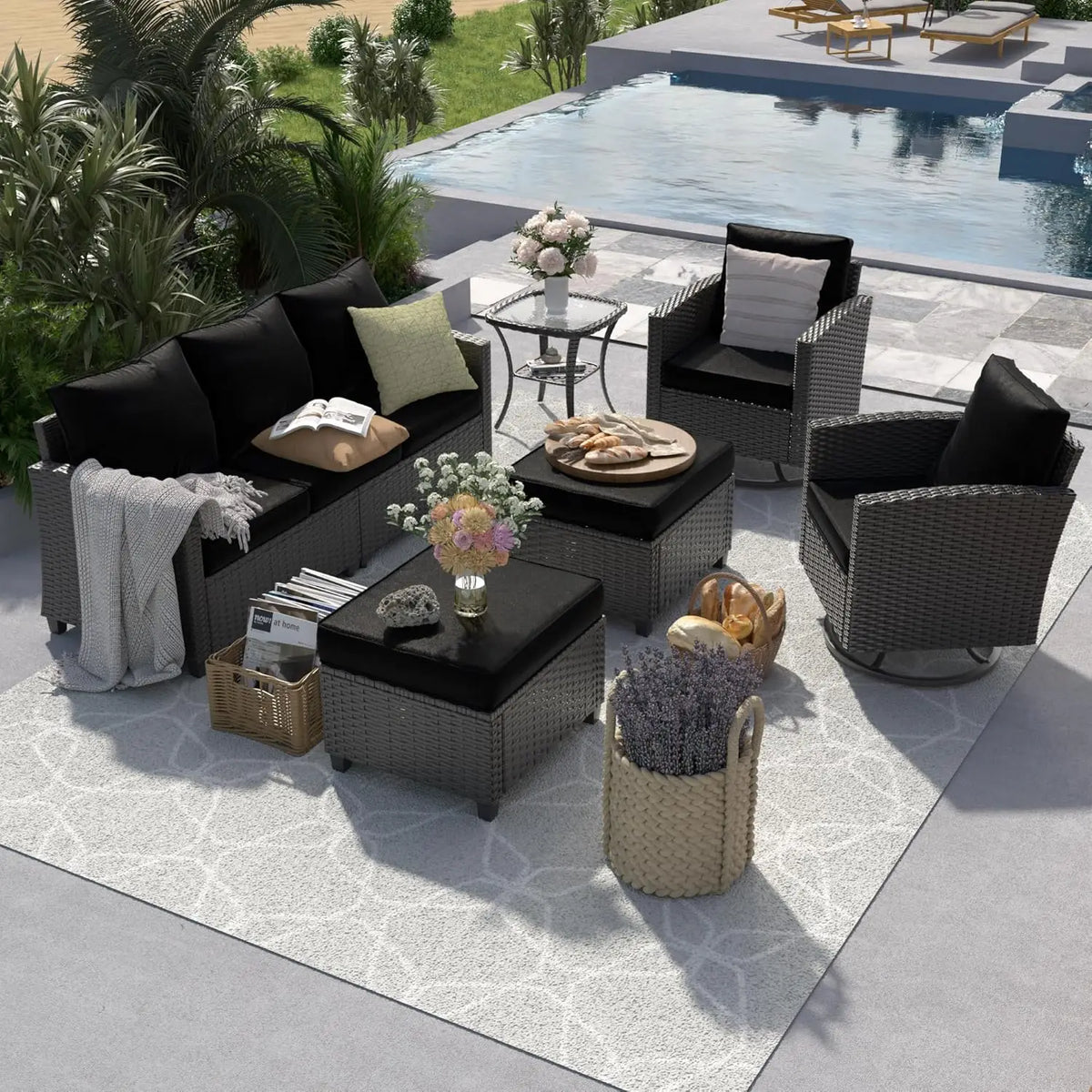 6 Pieces Outdoor Sectional Couch with Swivel Rocking Chair