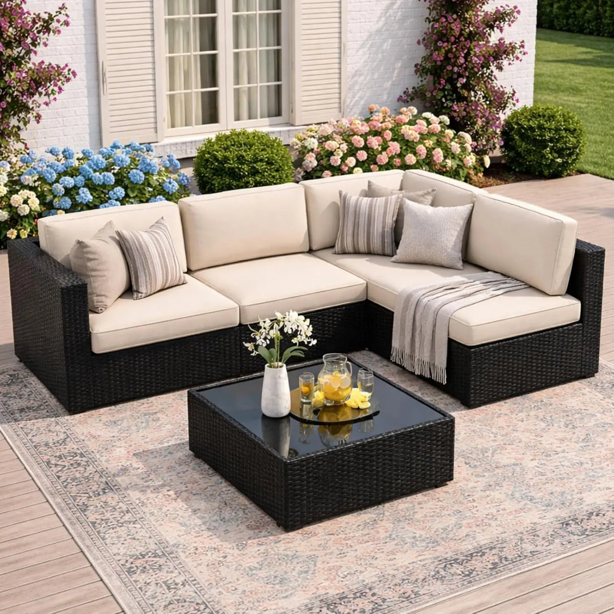 5-Piece Wicker Patio Furniture Set with Thick Cushions