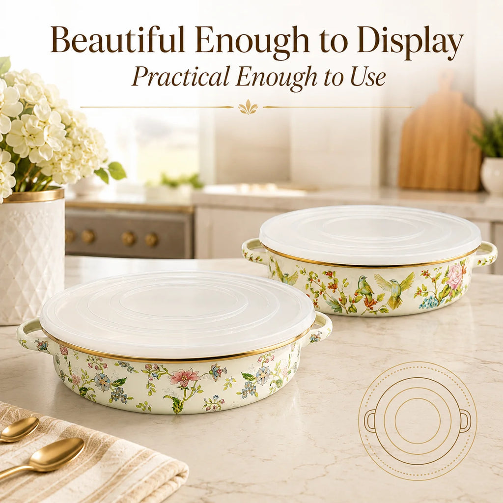 11 Inch Enamel Pie Pan Vintage Floral Non-Stick Baking Dish