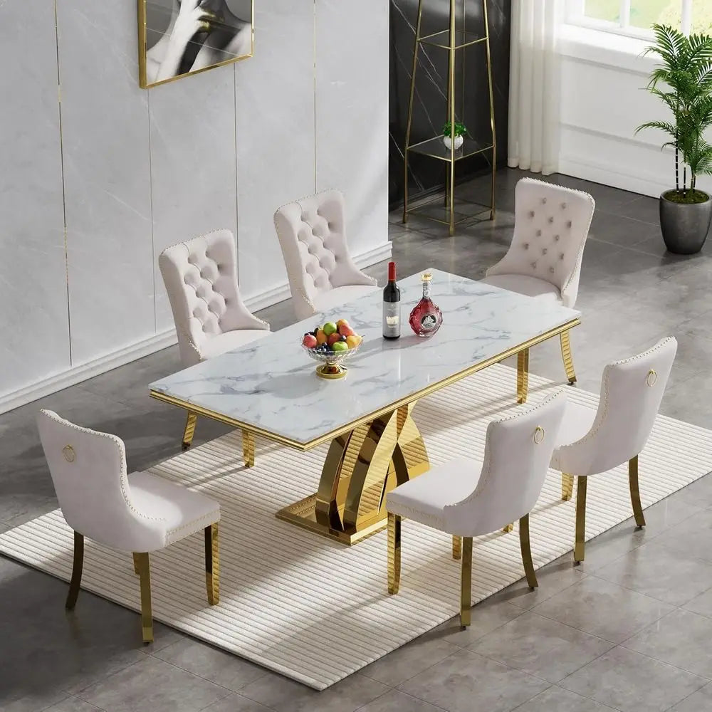7-Piece Dining Set with 6 Beige Chairs