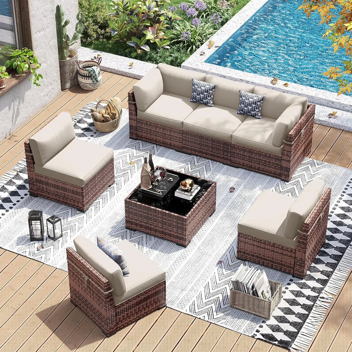 7 Piece Wicker Sectional Sofa with Tea Table