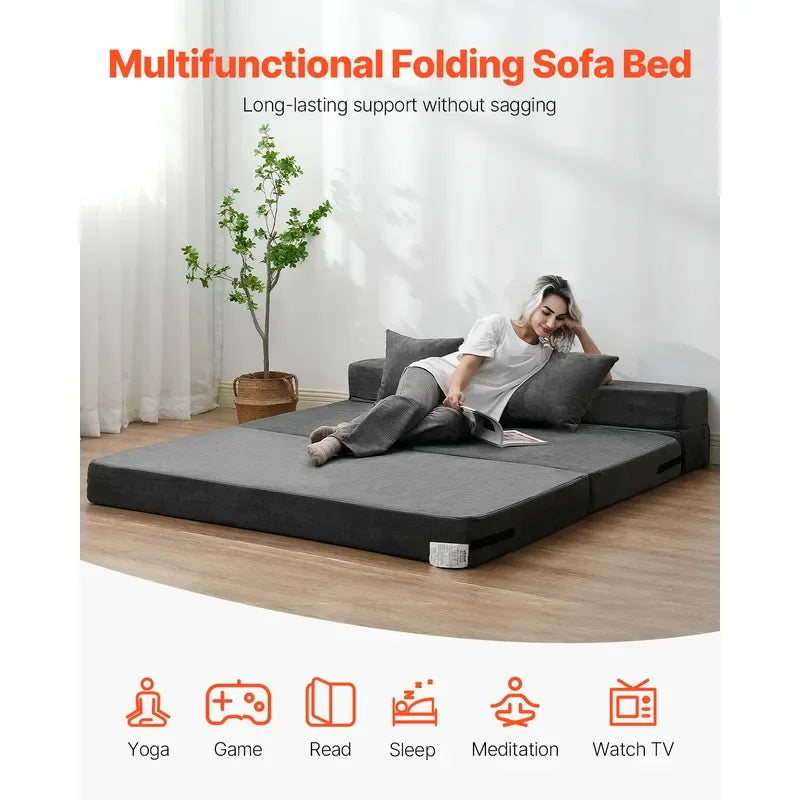 Uimoso Folding Sofa Bed 3-in-1 Foldable Sofa Bed with 2 Pillows Dark Grey Queen -