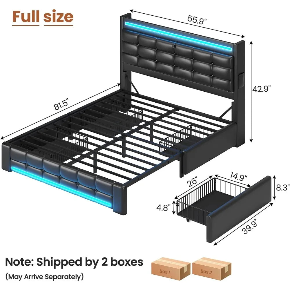 Full Size Storage Bed Frame with LED Headboard Charging Station