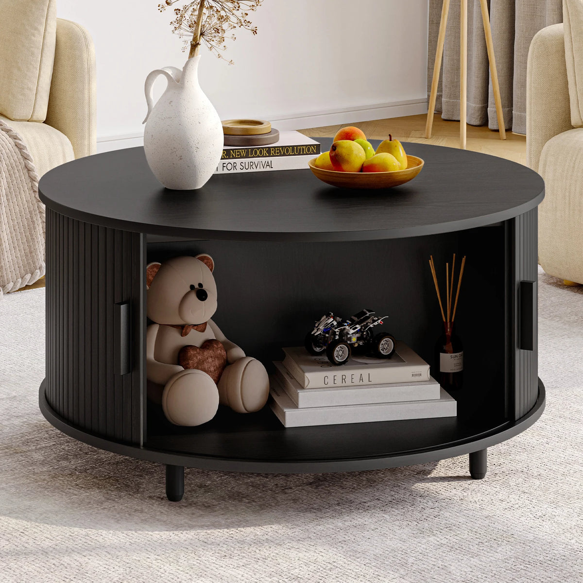 Round Coffee Table with Storage 360° Curved Sliding Door