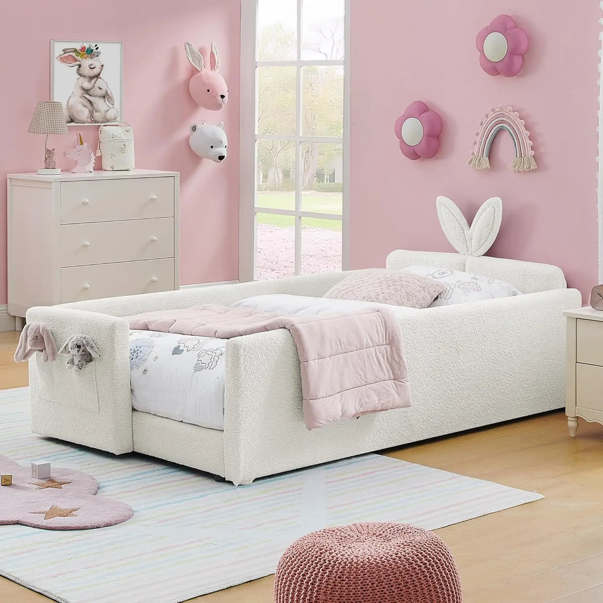 Twin Size Platform Bed Headboard with Pocket & Guardrail for Kids