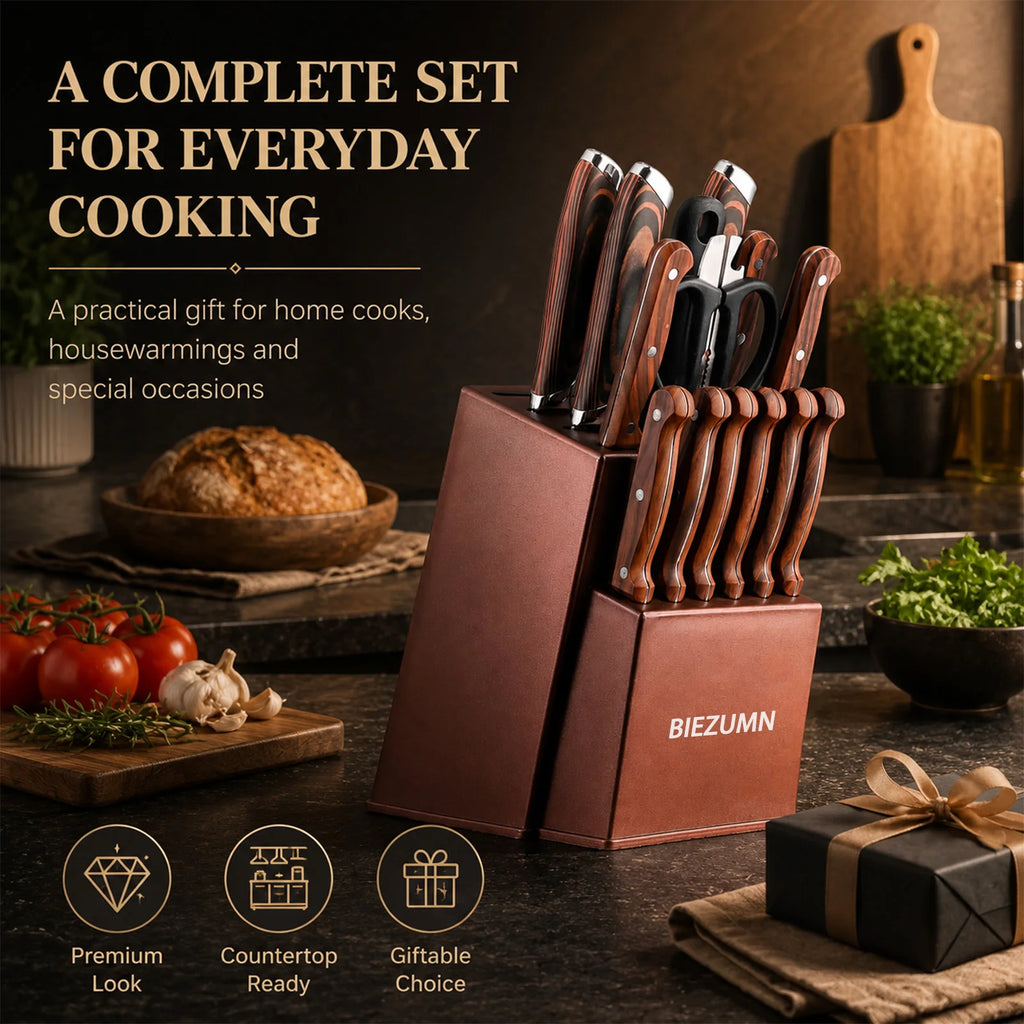 15 Pieces Hammered Stainless Steel Kitchen Knife Set
