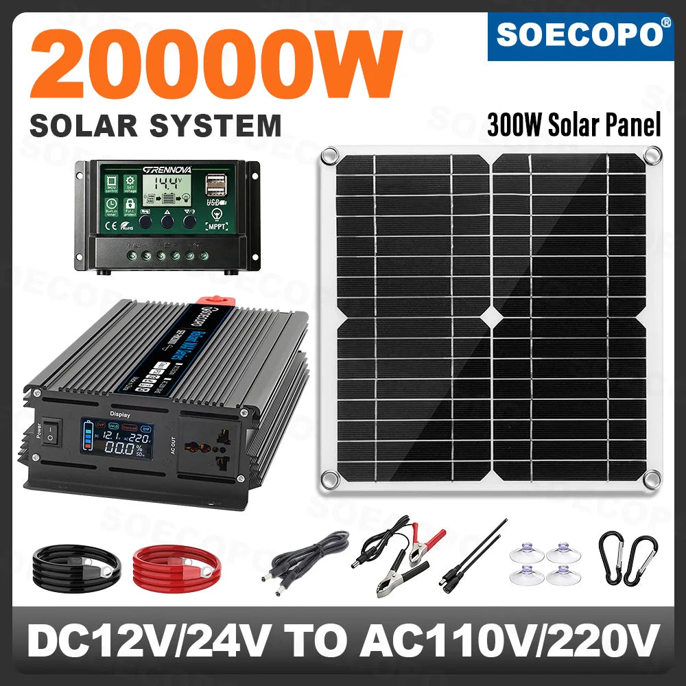 2000W Rated Inverter 60A Controller 12V 24V to 110V 220V Off Grid Solar System RV