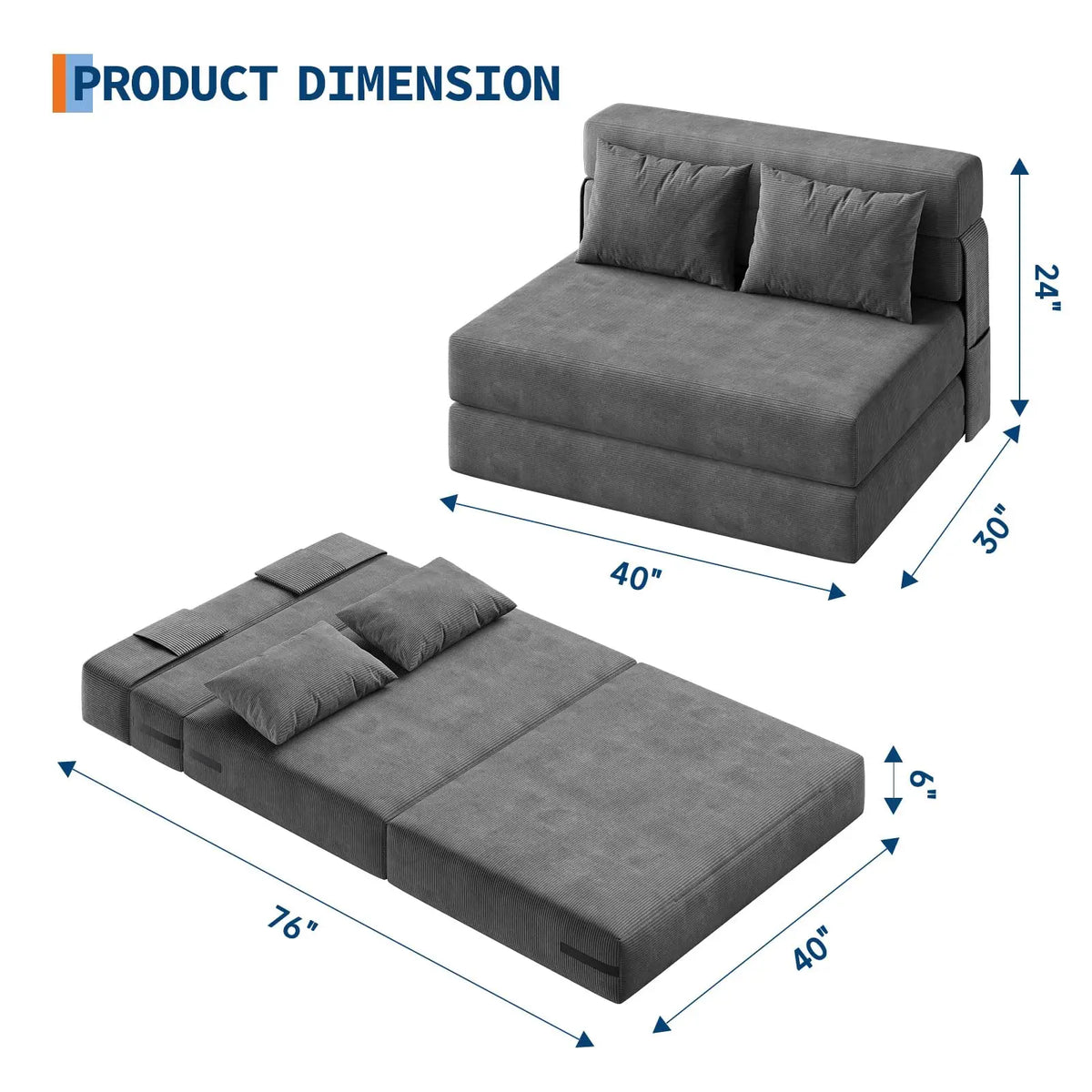 Folding Sofa Bed Convertible Sleeper Soft Corduroy Loveseat Couch