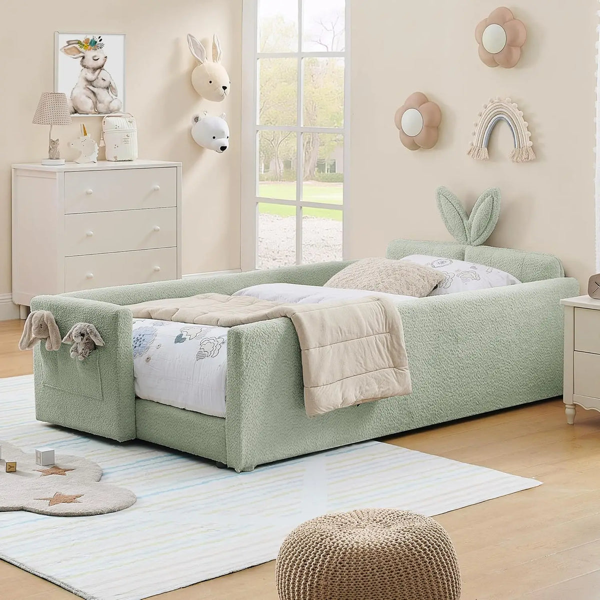 Twin Size Platform Bed Headboard with Pocket & Guardrail for Kids