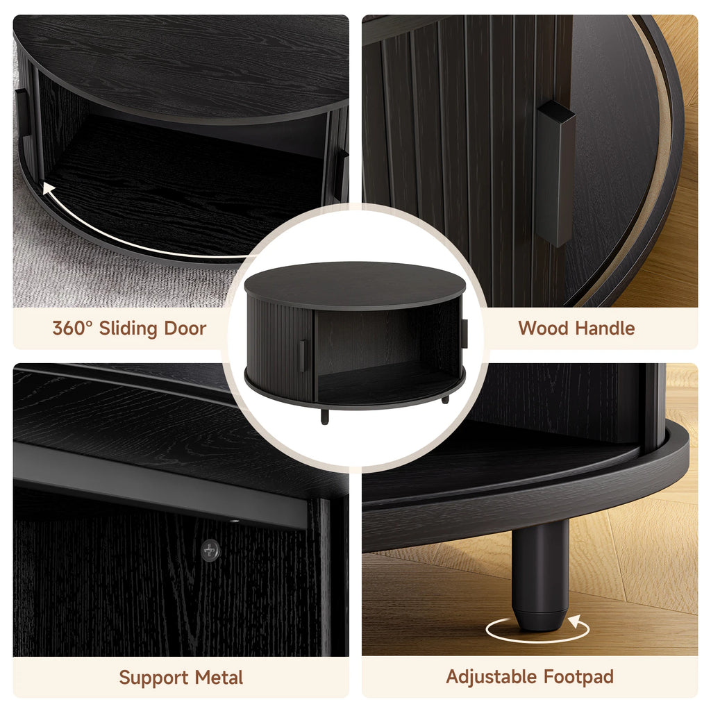 Round Coffee Table with Storage 360° Curved Sliding Door