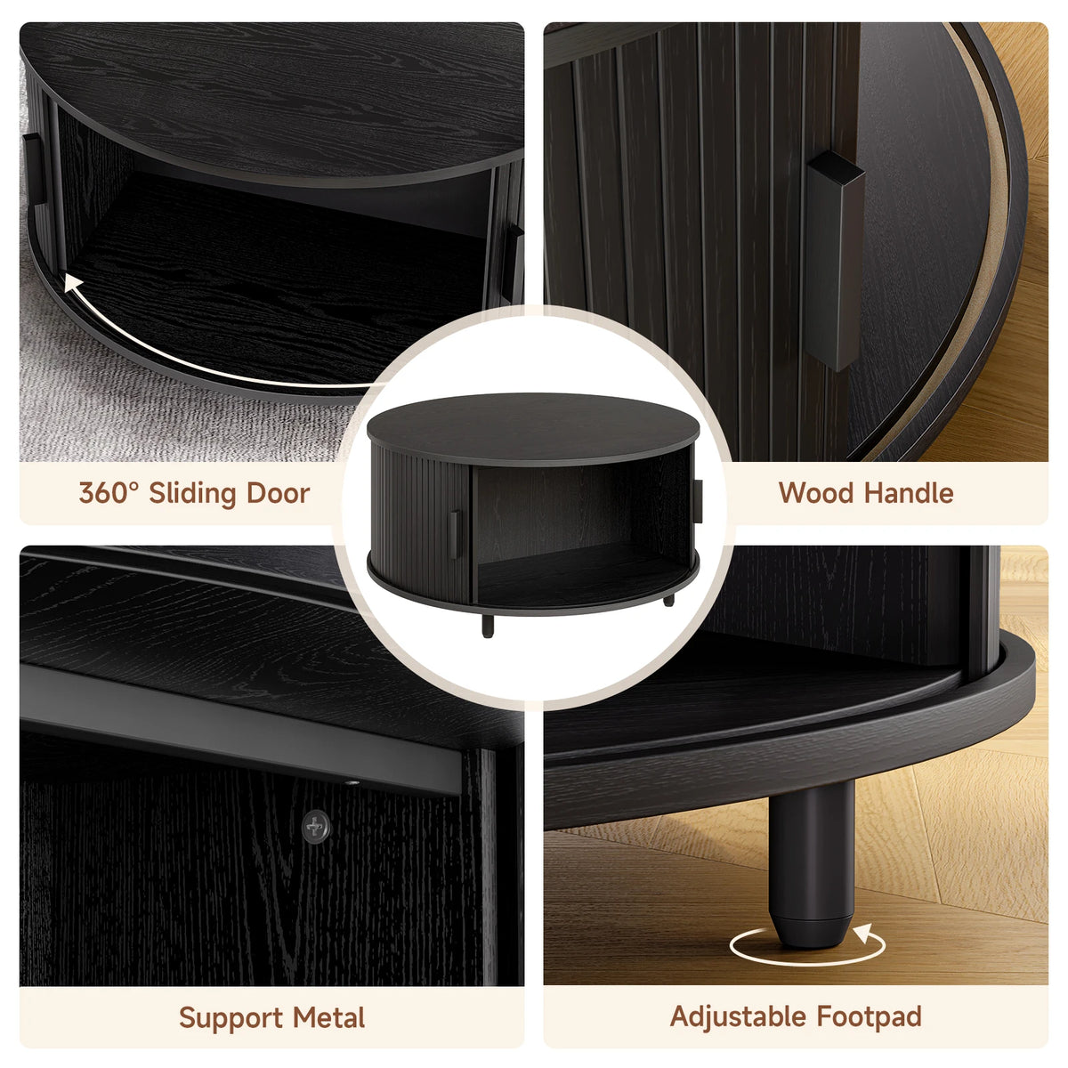 Round Coffee Table with Storage 360° Curved Sliding Door