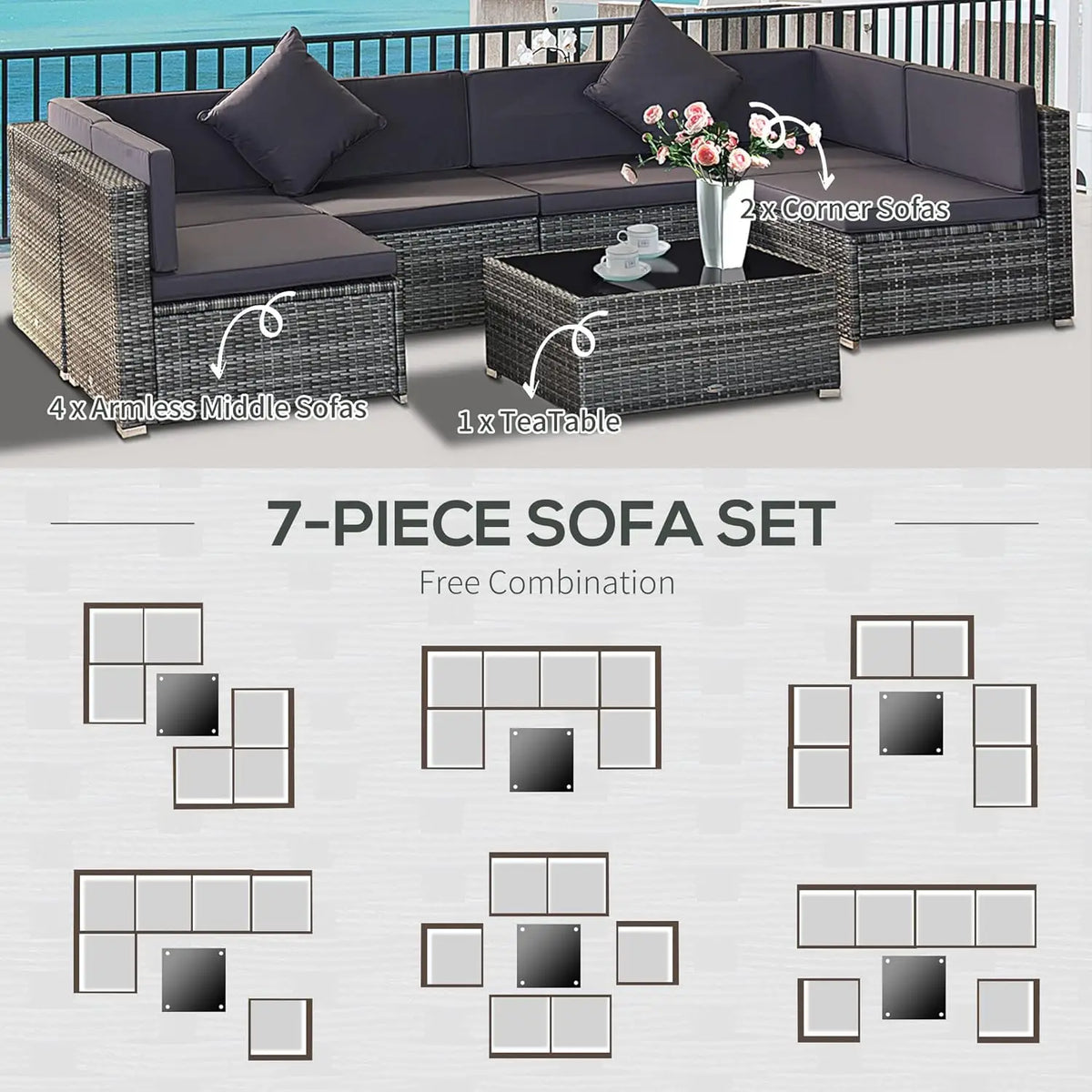 7pcRattan Sectional Sofa All Weather Cushions