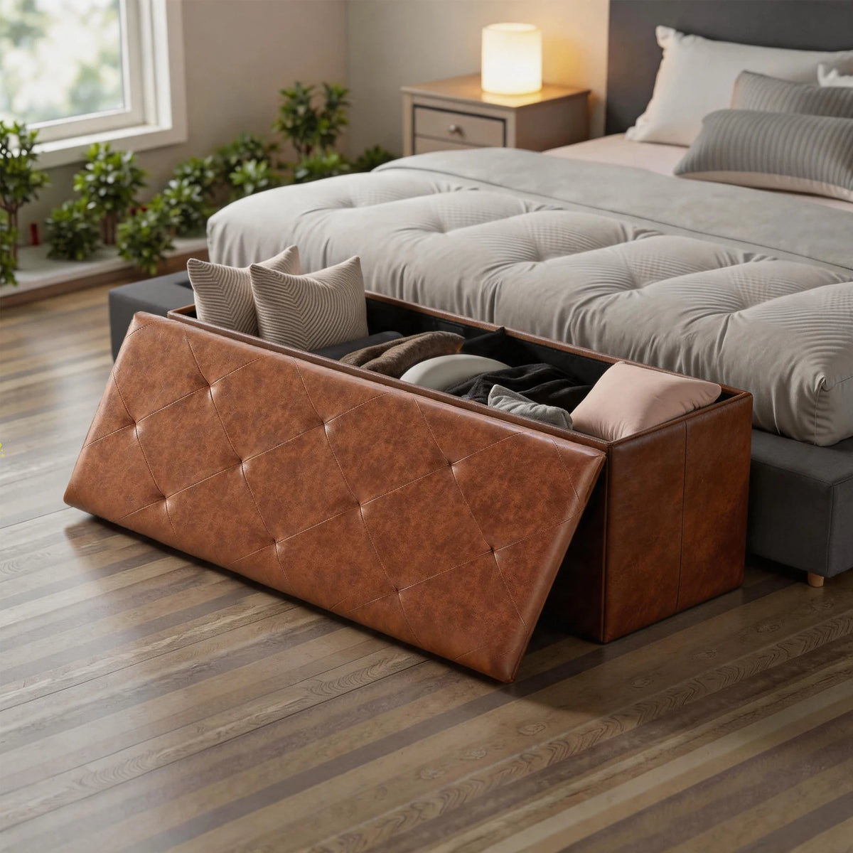 Tufted Faux Leather Storage Bench Folding Footrest Ottoman