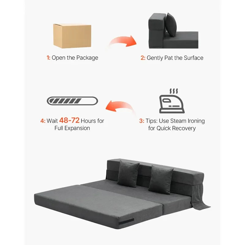 Uimoso Folding Sofa Bed 3-in-1 Foldable Sofa Bed with 2 Pillows Dark Grey Queen -