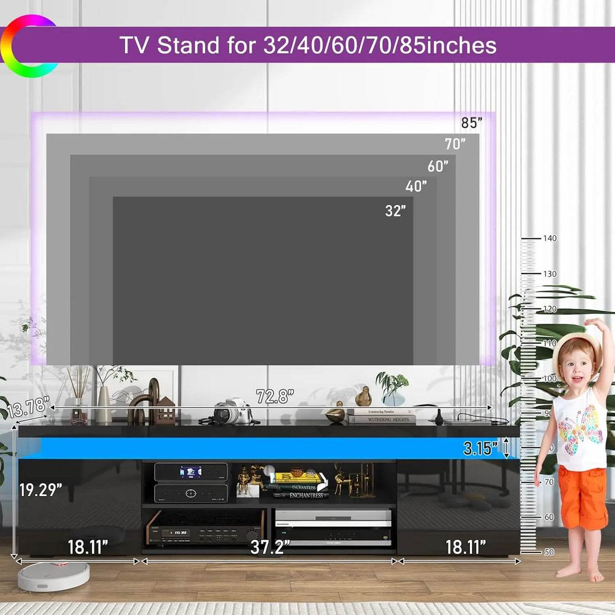 LED TV Stand for 85 Inch TV,  Stand with Power Outlet