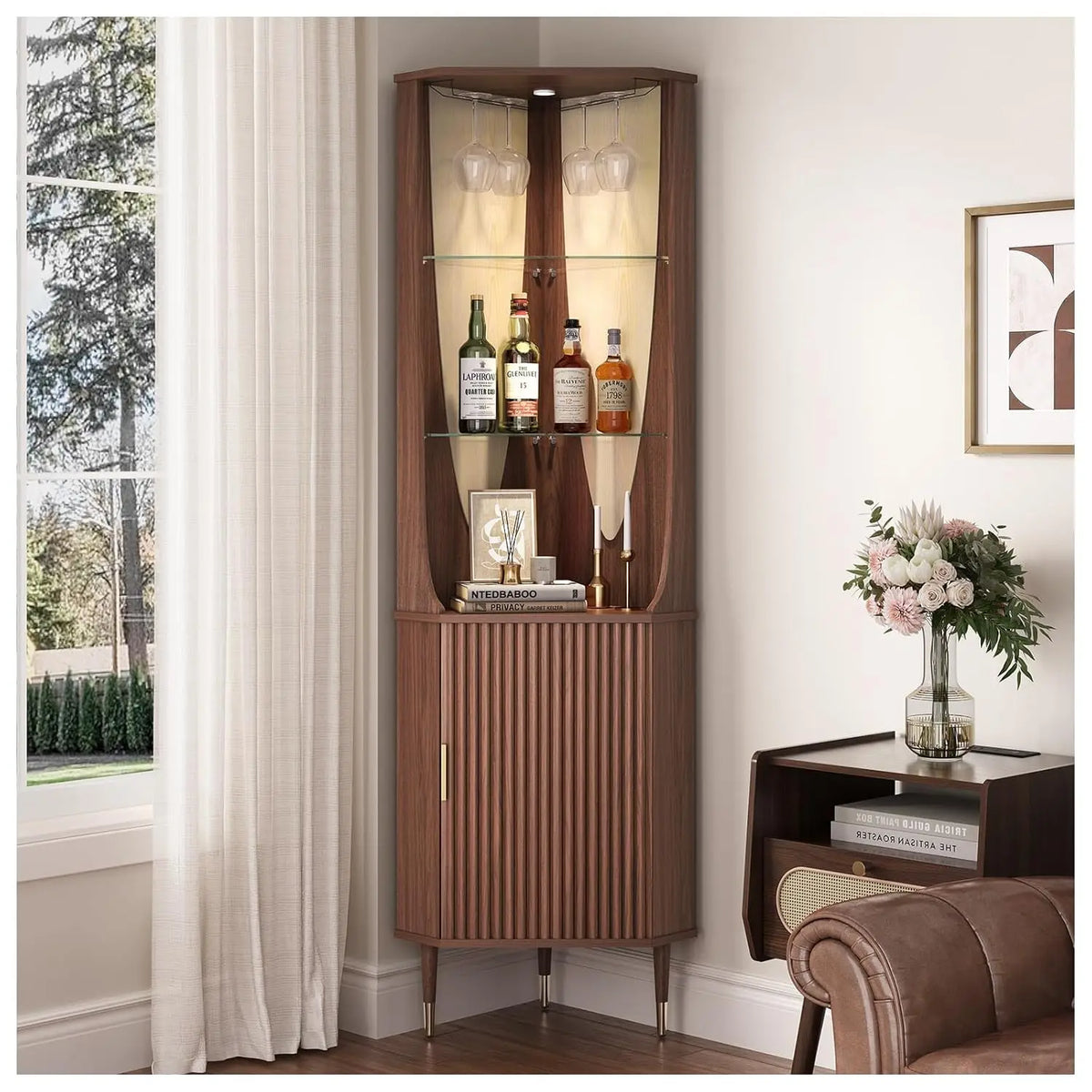 Modern Fluted Storage Cabinet with Glass Shelves, Door & LED Lighting