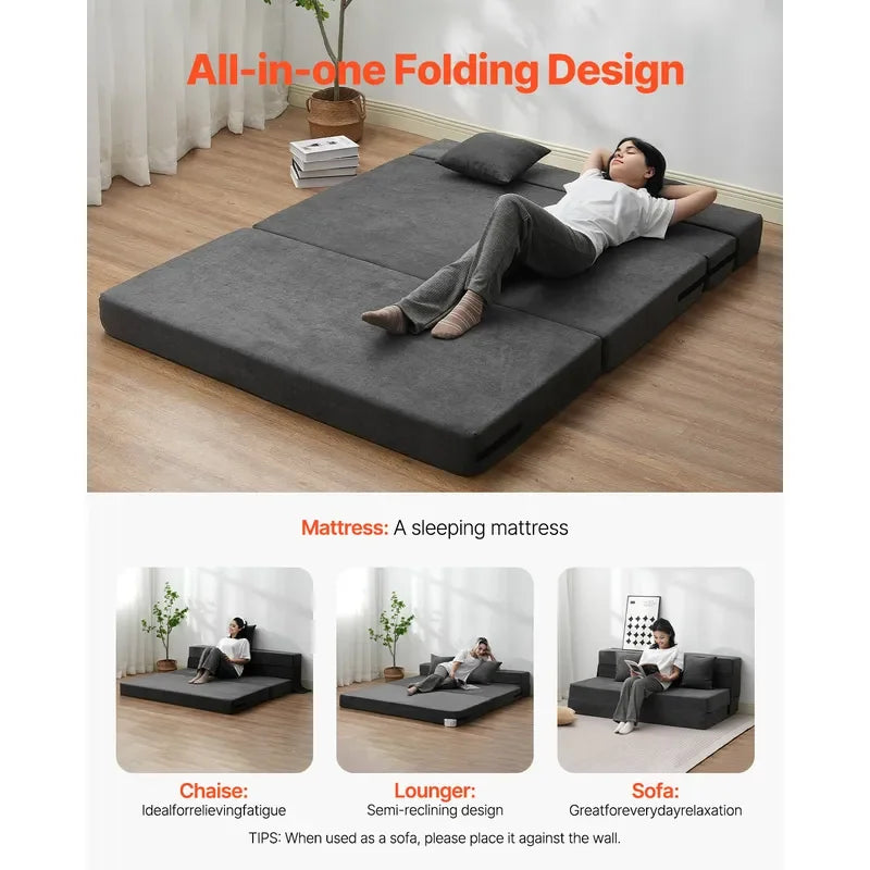 Uimoso Folding Sofa Bed 3-in-1 Foldable Sofa Bed with 2 Pillows Dark Grey Queen -