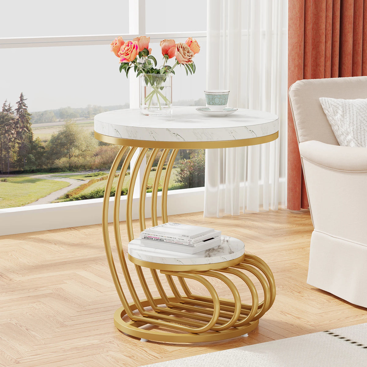 Marble Modern White Gold Bedside Nightstand