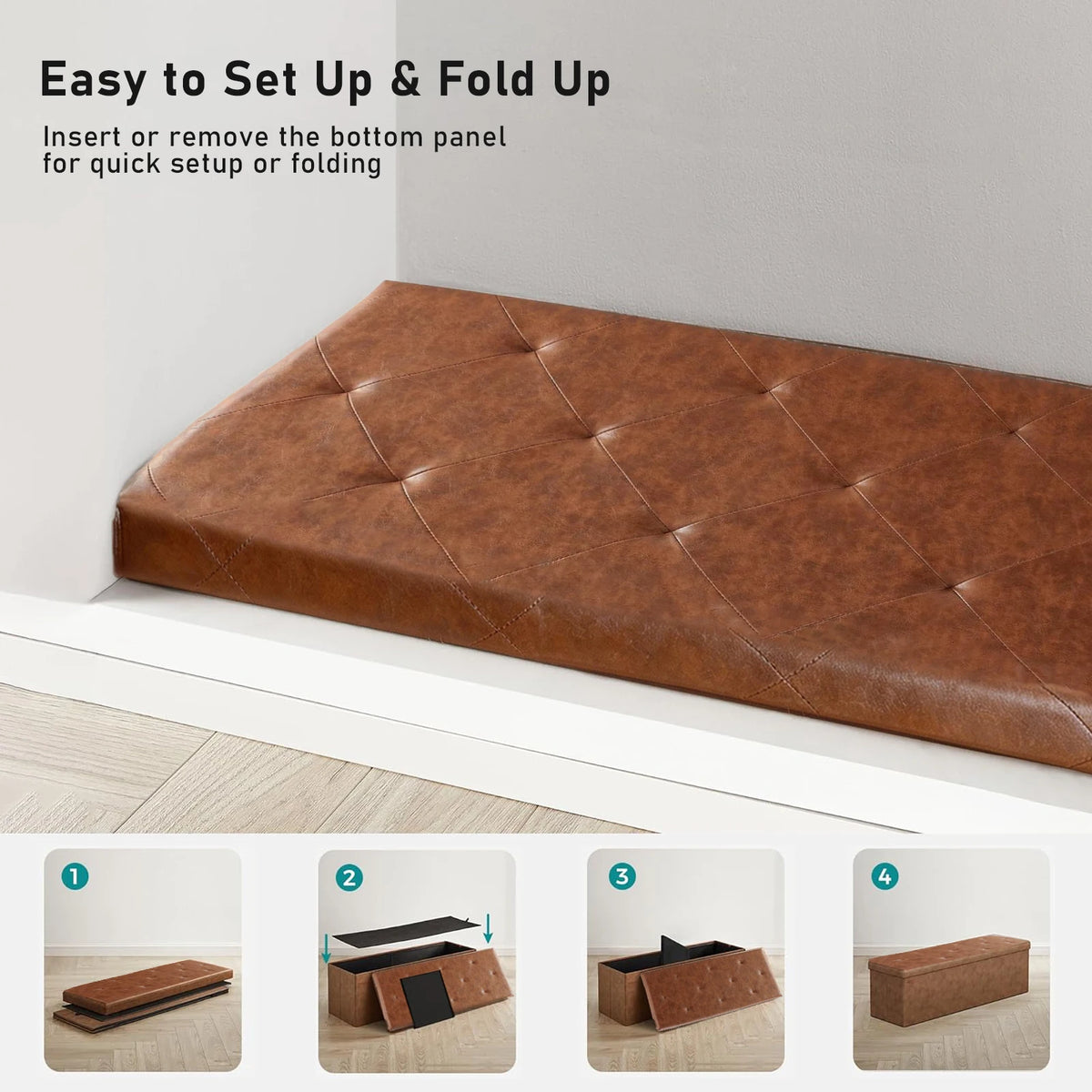Tufted Faux Leather Storage Bench Folding Footrest Ottoman