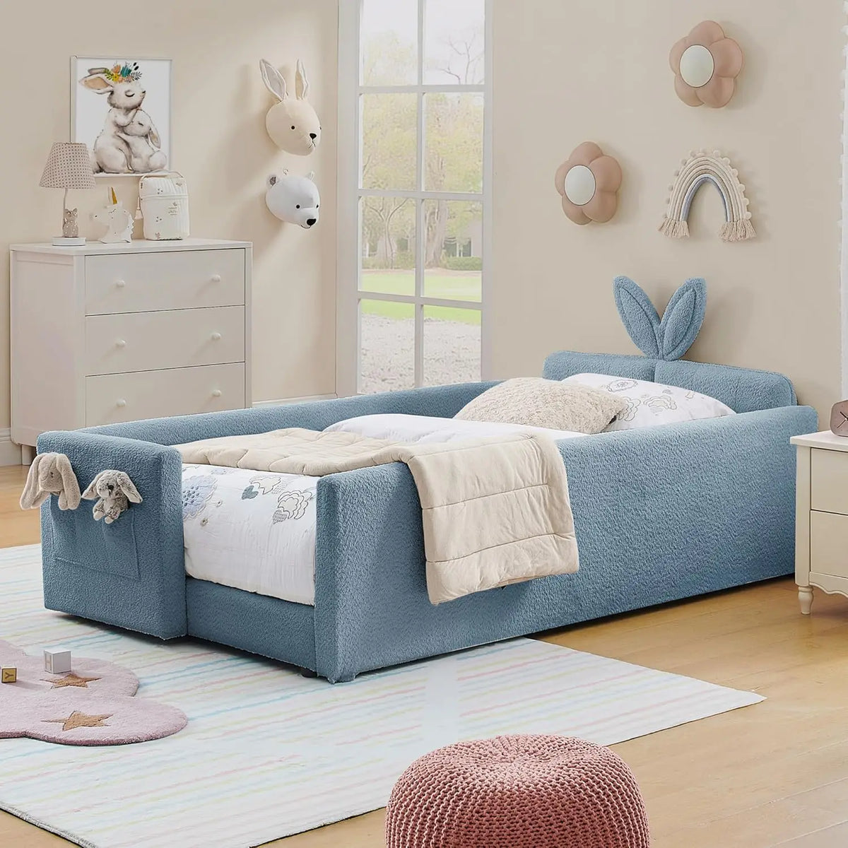 Twin Size Platform Bed Headboard with Pocket & Guardrail for Kids