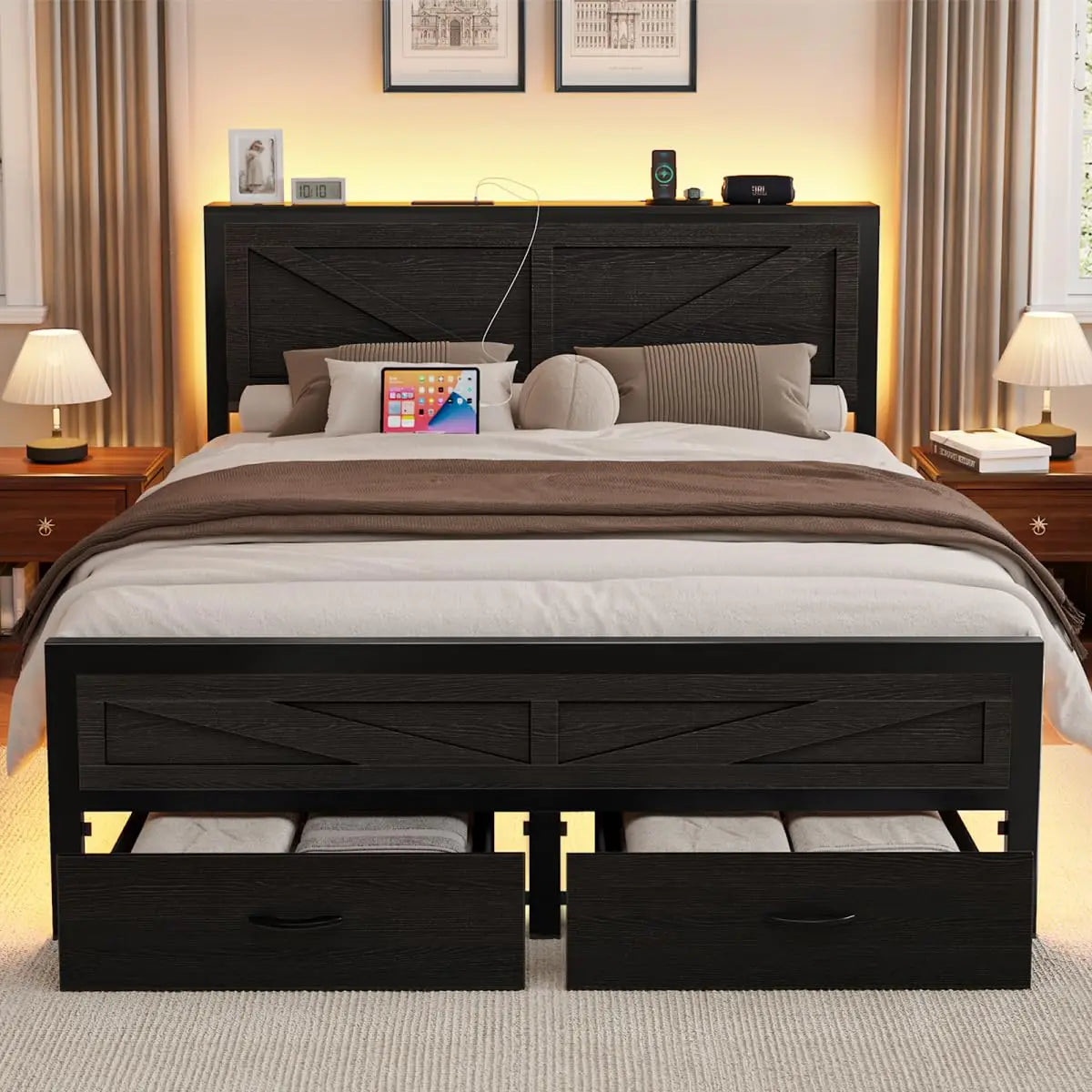 Rustic Full Size Bed Frame with Storage Drawers