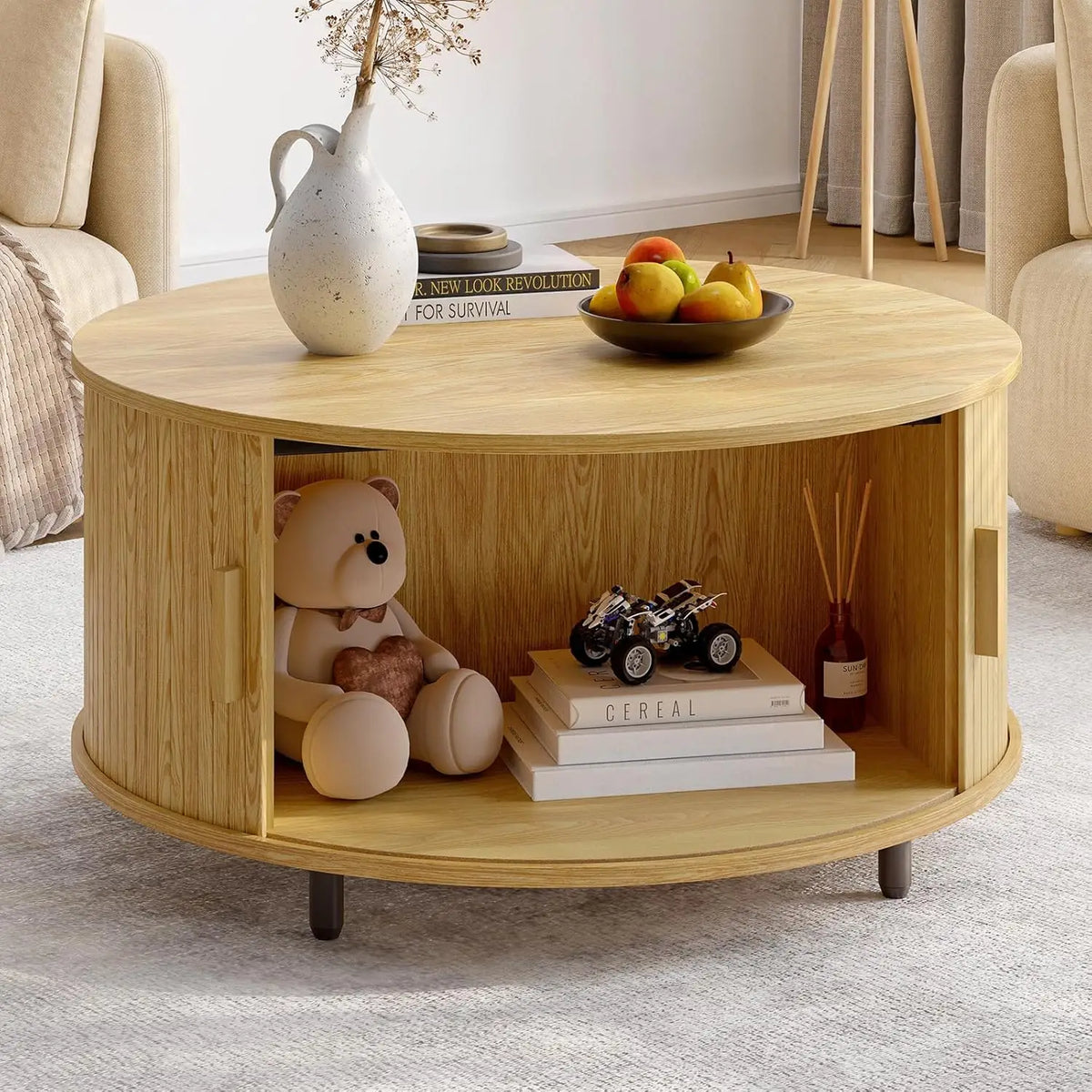 Round Coffee Table with Storage 360° Curved Sliding Door