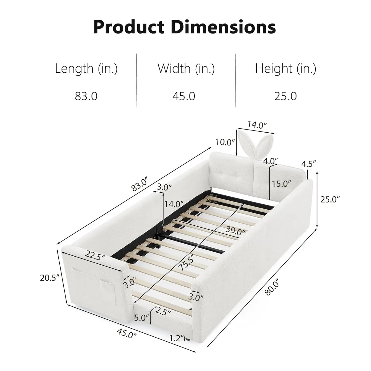 Twin Size Platform Bed Headboard with Pocket & Guardrail for Kids