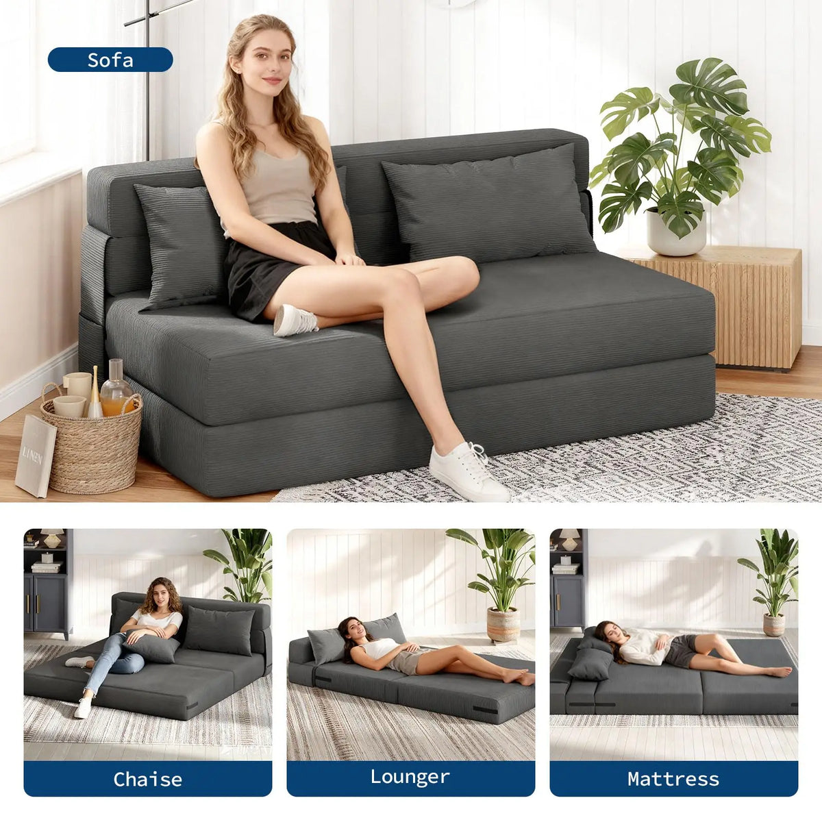 Folding Sofa Bed Convertible Sleeper Soft Corduroy Loveseat Couch