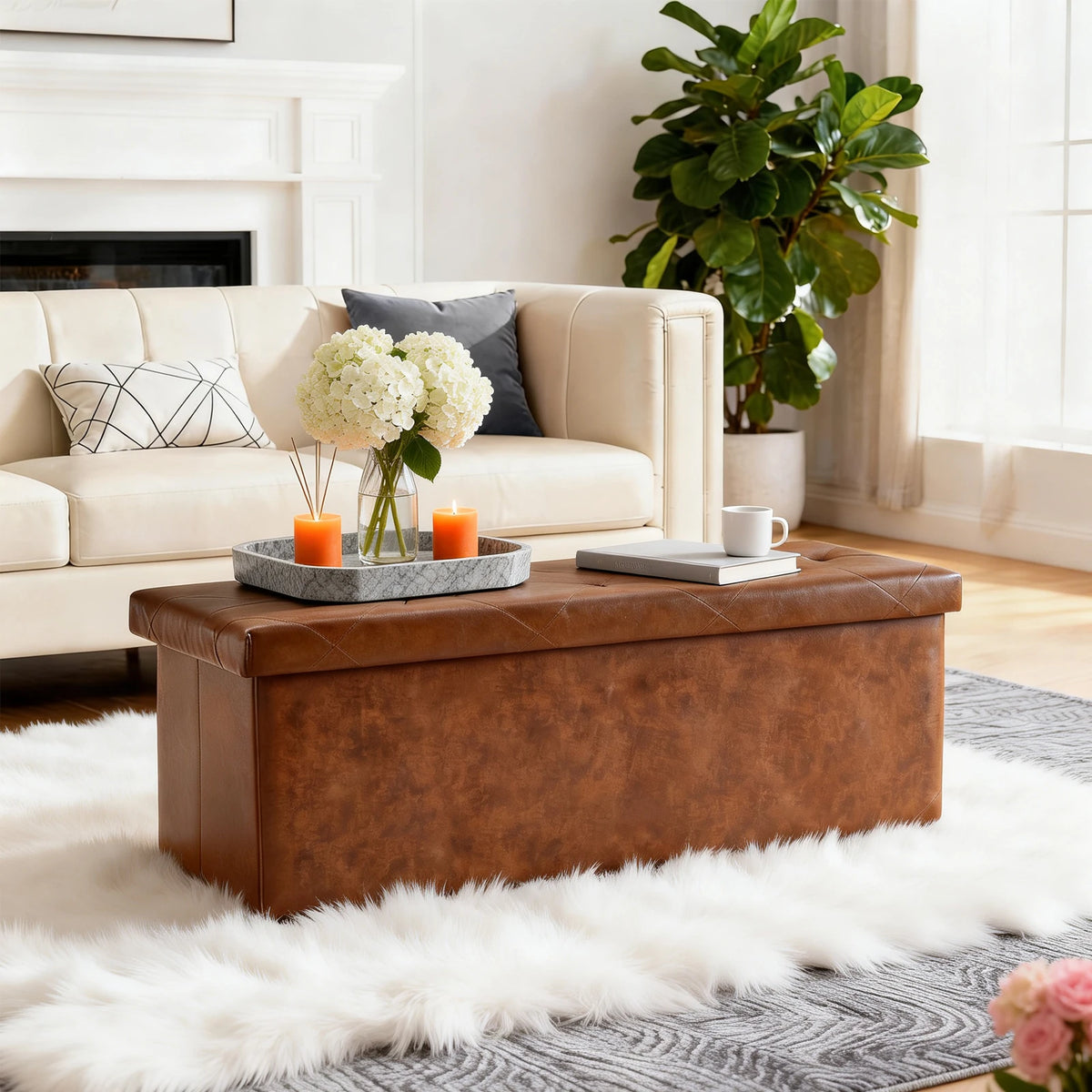 Tufted Faux Leather Storage Bench Folding Footrest Ottoman