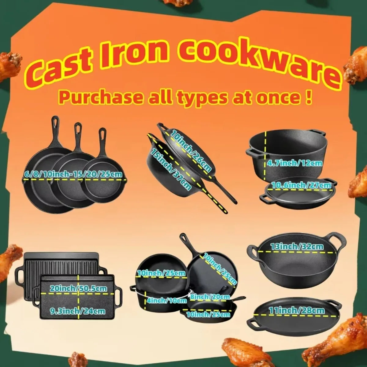 3-Piece Pre-Seasoned Cast Iron Skillet Set – 6”, 8”, 10”