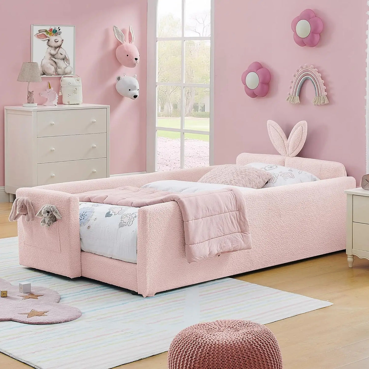 Twin Size Platform Bed Headboard with Pocket & Guardrail for Kids