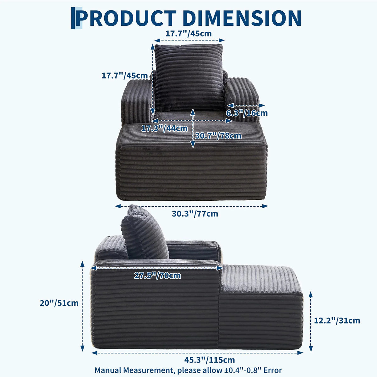 45'' Corduroy Cloud Chaise Lounge Sofa