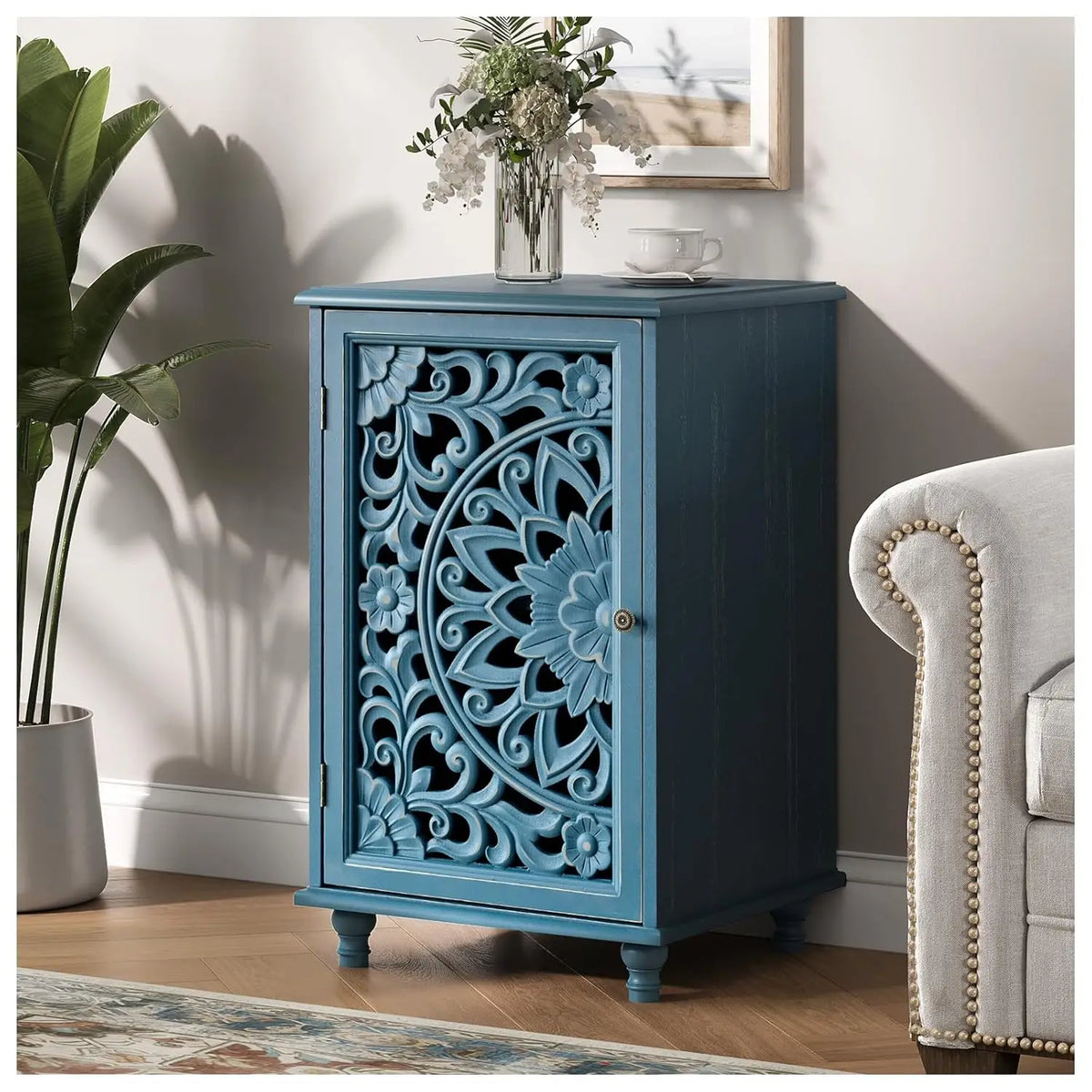 Modern Fluted Storage Cabinet with Glass Shelves, Door & LED Lighting