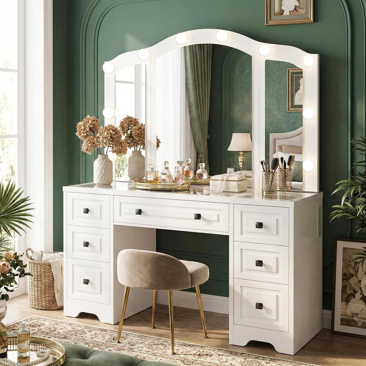 White Retro Lighted Vanity Desk With Tri-Fold Mirror
