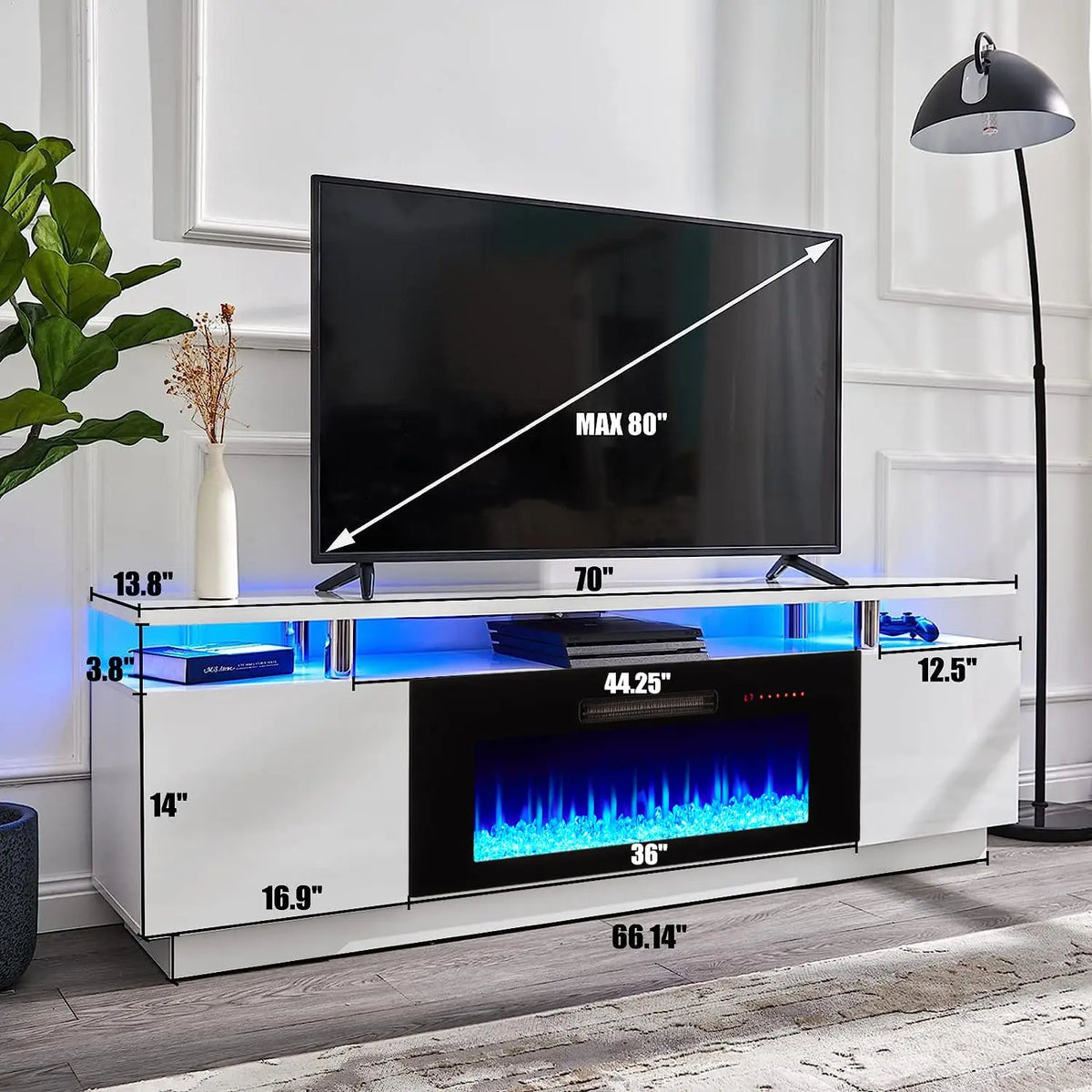 70" High-Gloss Fireplace TV Stand with 36" Electric Fireplace