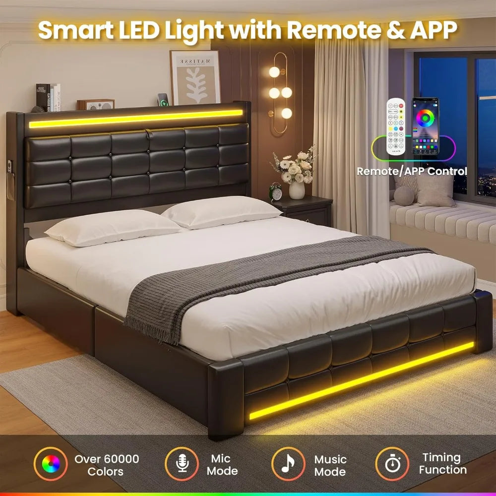 Full Size Storage Bed Frame with LED Headboard Charging Station