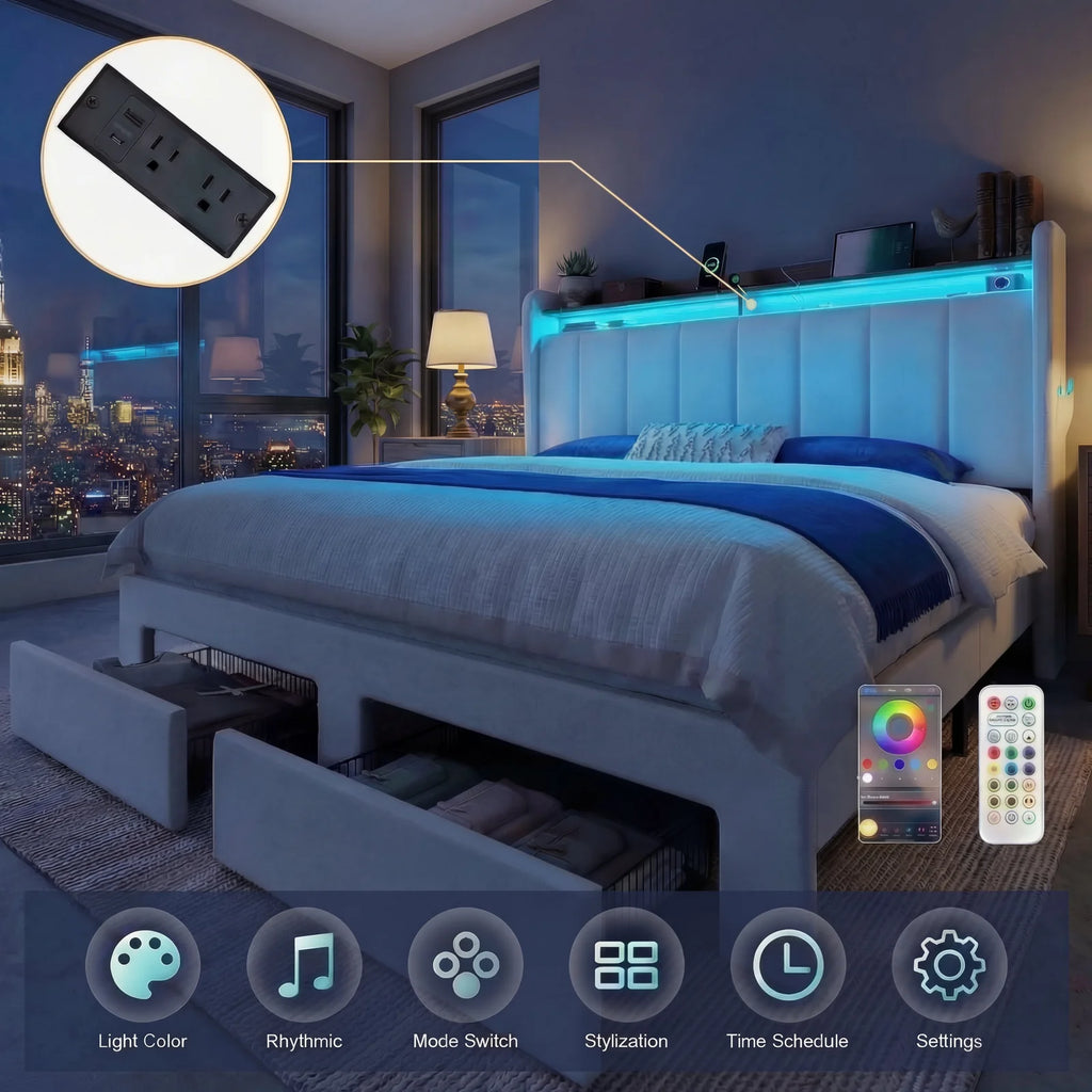 HOOMIC Bed Frame, 2 Storage Drawers with LED Lights