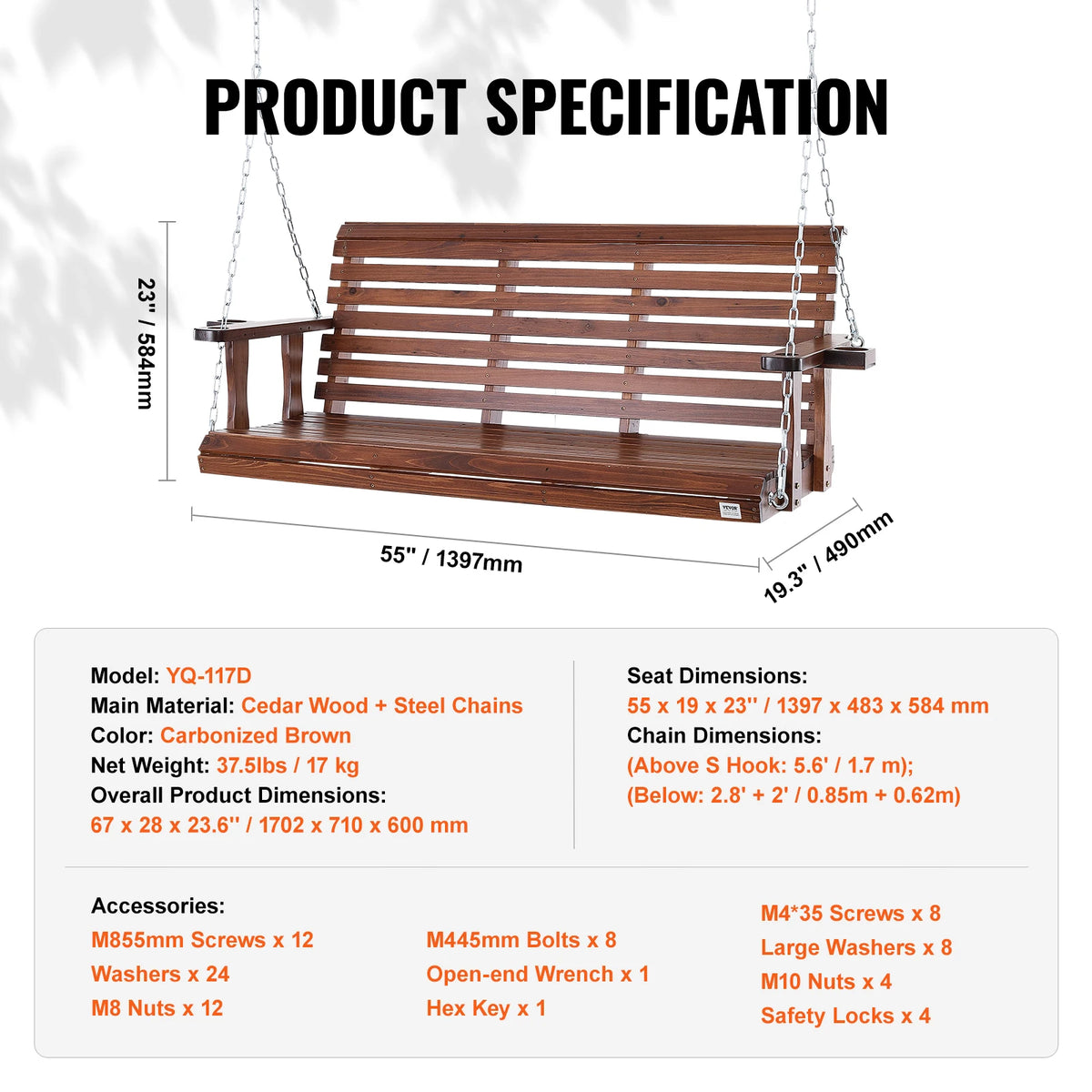 Wooden Porch Swing 5 ft Patio bench swing