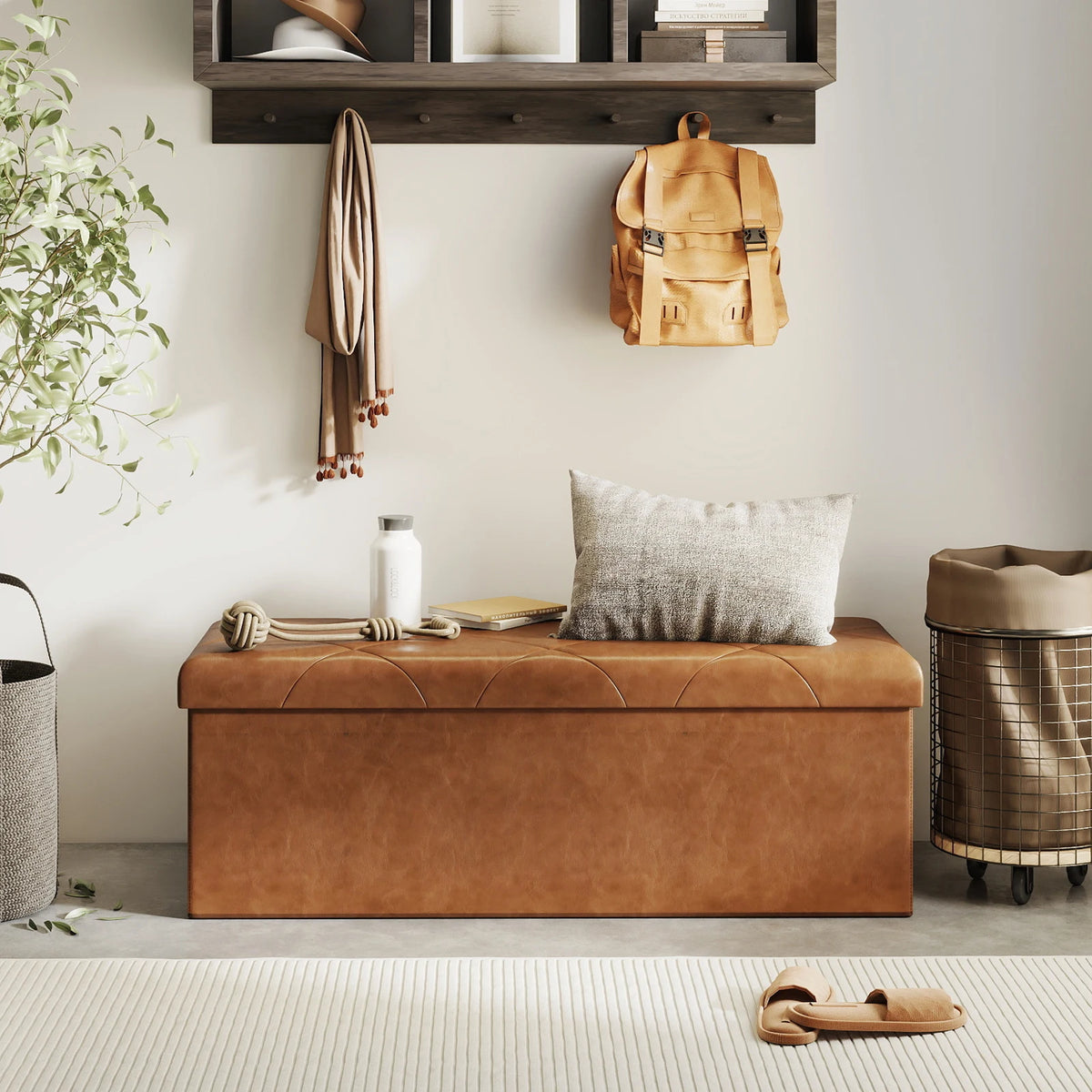 Tufted Faux Leather Storage Bench Folding Footrest Ottoman