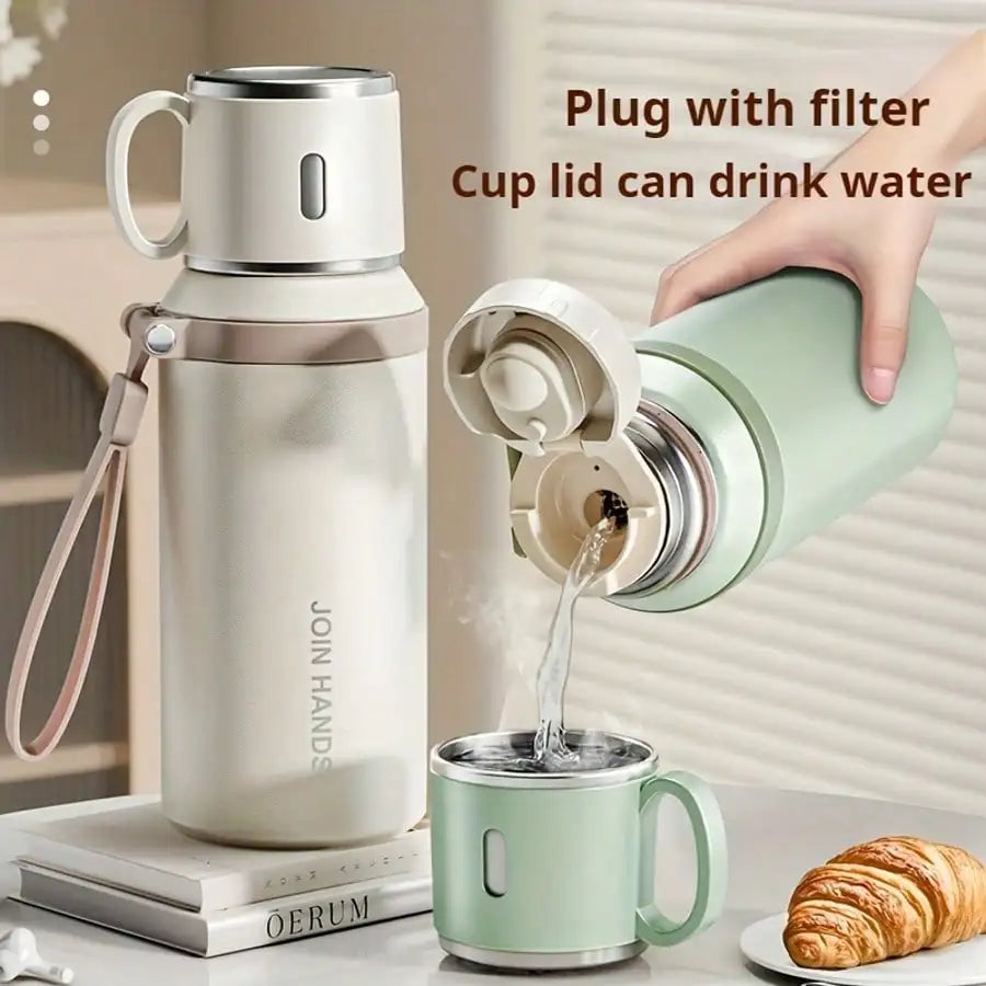Portable Thermal Water Bottle with Cup Lid & Carry Strap